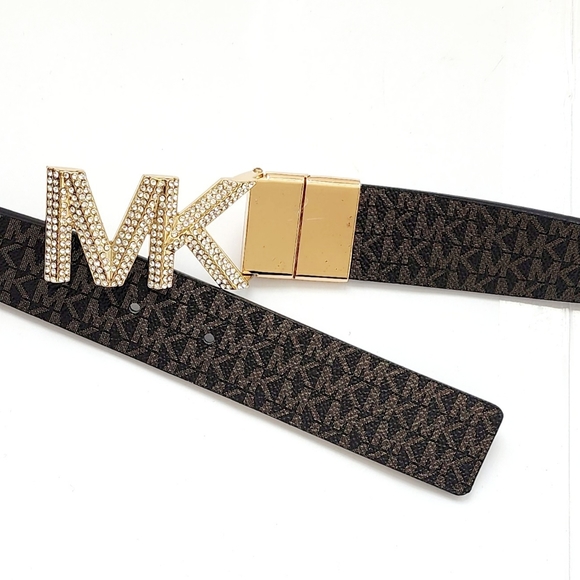 MICHAEL Michael Kors Accessories - Michael kors Women's Reversible Logo Brown Leather Belt with Rhinestones Logo MK